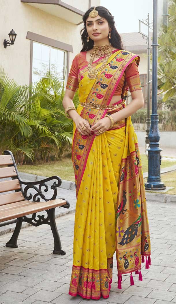 Paithani Silk Jacquard Work Traditional Wear Saree In Yellow - 9539187929