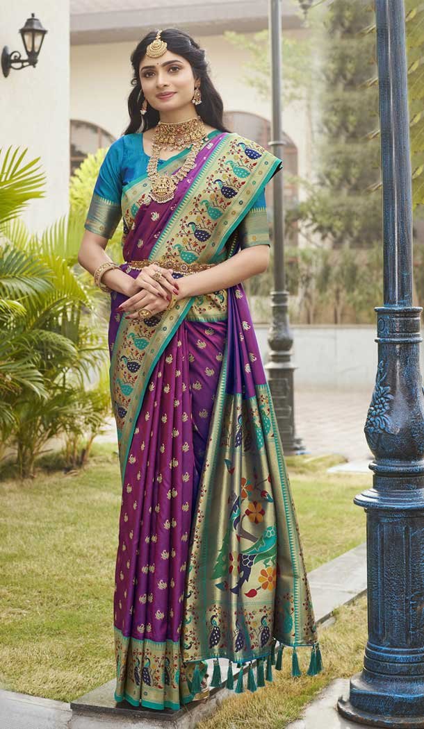 Paithani Silk Jacquard Work Traditional Wear Saree In Violet - 9539187930