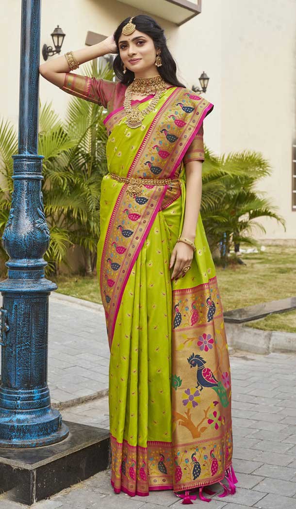 Paithani Silk Jacquard Work Traditional Wear Saree In Lime Green - 9539187931