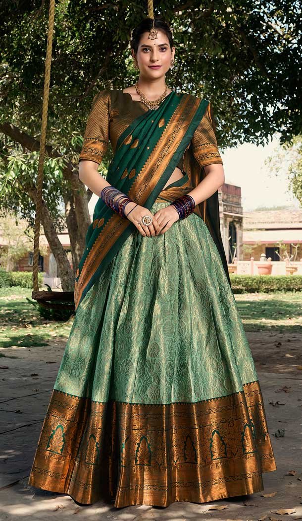 Jacquard Silk Weaving Work Party Wear Lehenga Choli In Lime Green - 9545187965