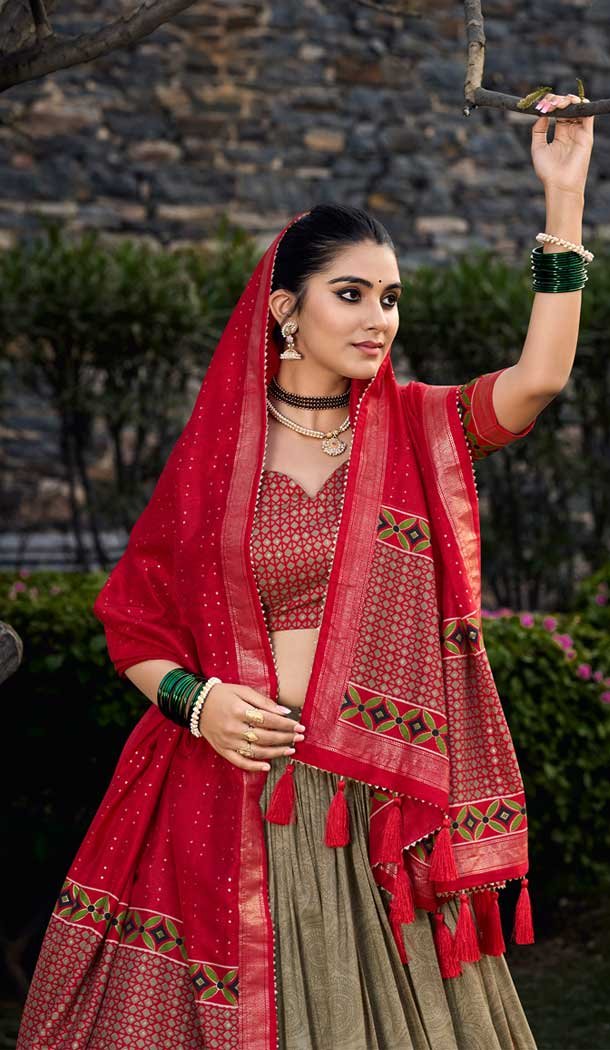 Beige Tussar Silk Foil Print Work Traditional Lehenga Choli - 9546187966