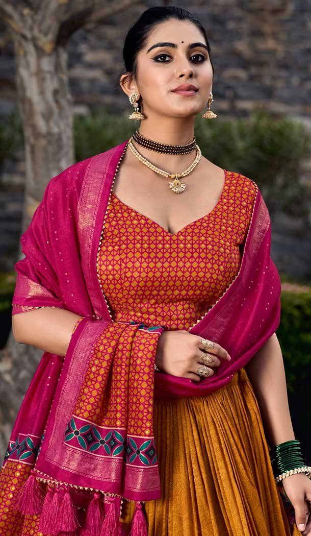 Yellow Tussar Silk Foil Print Work Traditional Lehenga Choli - 9546187967