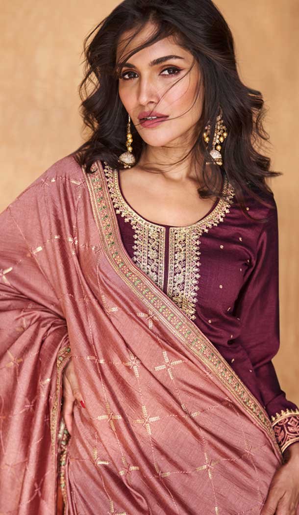 Silk Embroidery Work Readymade Salwar Suit In Wine - 9568188083