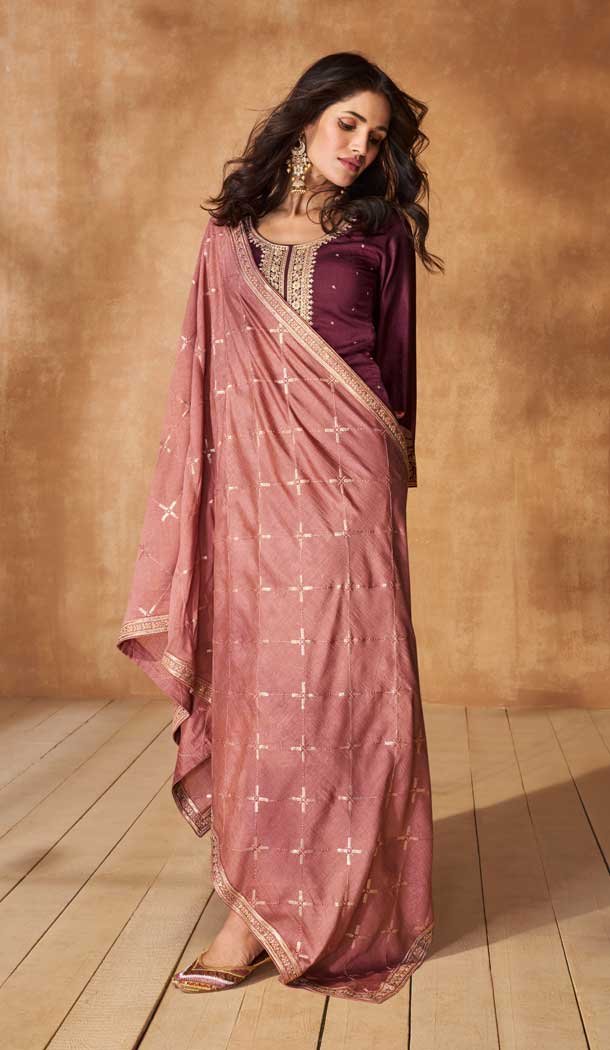 Silk Embroidery Work Readymade Salwar Suit In Wine - 9568188083