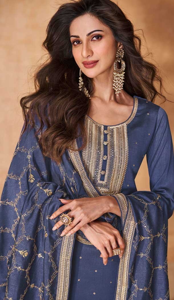 Silk Embroidery Work Readymade Salwar Suit In Steel Blue - 9568188084