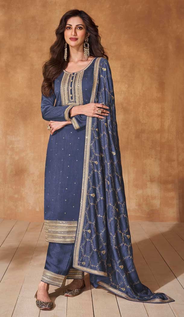 Silk Embroidery Work Readymade Salwar Suit In Steel Blue - 9568188084