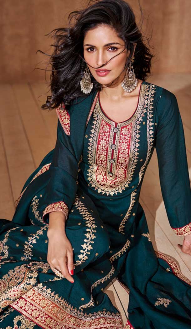 Teal Green Silk Embroidery Work Party Wear Palazzo Salwar Suit - 9569188088