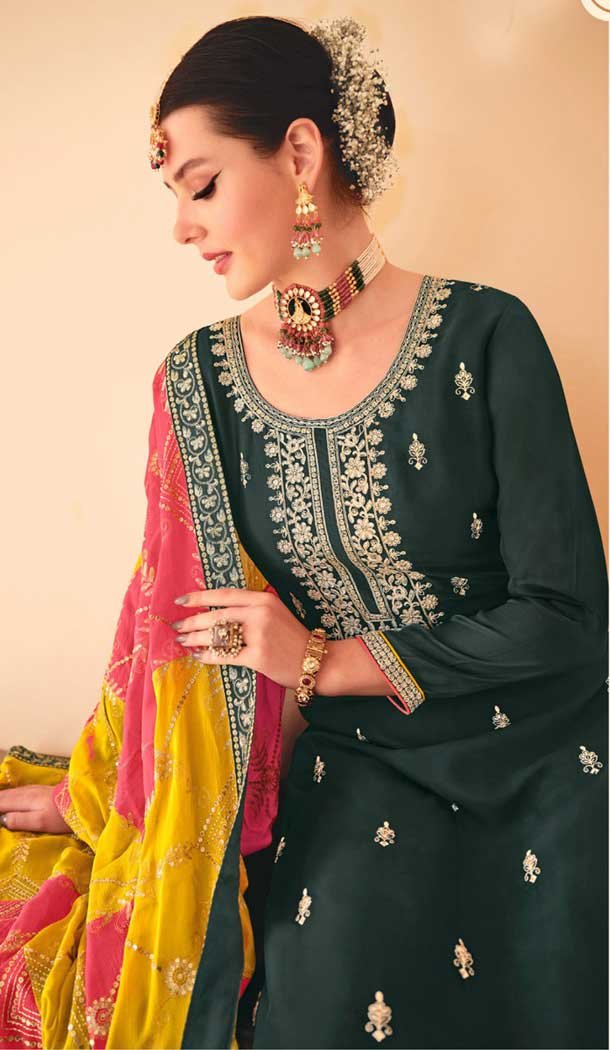 Chinnon Embroidered Designer Wear Salwar Suit In Olive Green - 9584188172