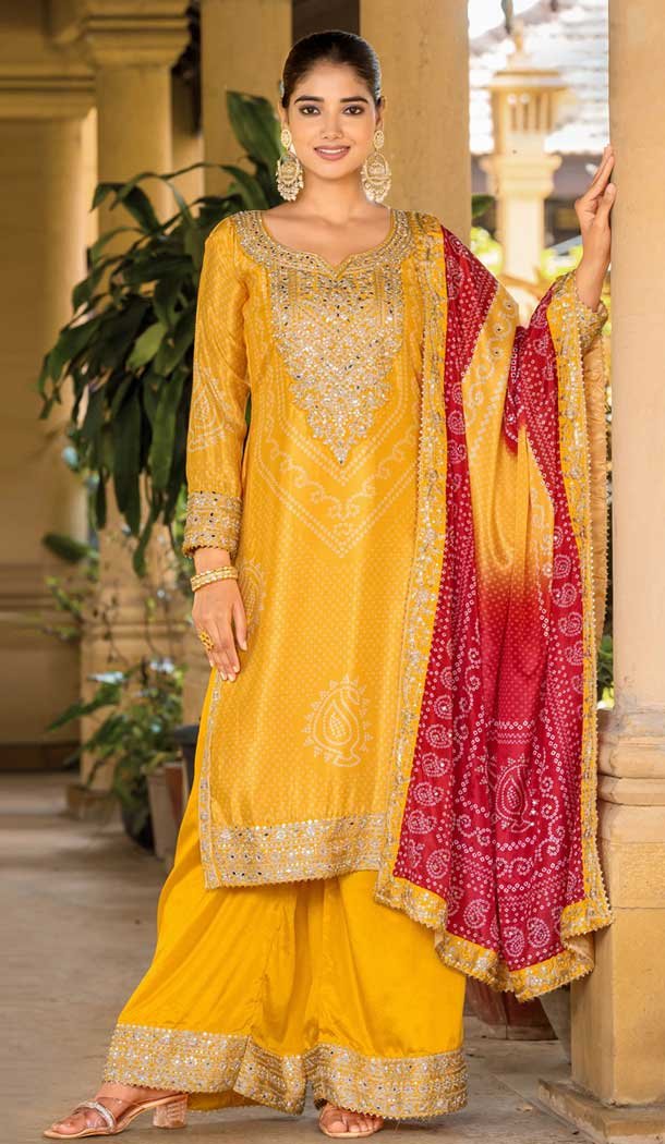 Chinon Bandhani Printed Party Wear Palazzo Salwar Kameez In Yellow - 146911236