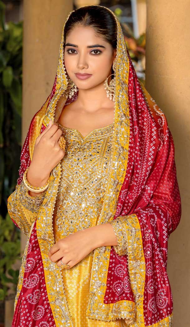 Chinon Bandhani Printed Party Wear Palazzo Salwar Kameez In Yellow - 146911236