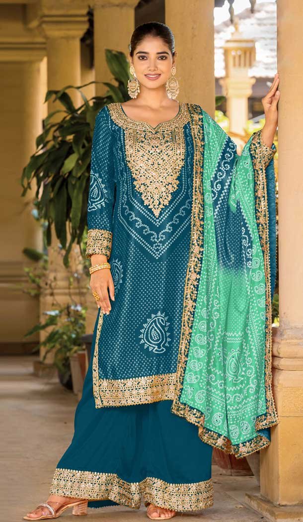 Chinon Bandhani Printed Party Wear Palazzo Salwar Kameez In Teal Blue - 146911238