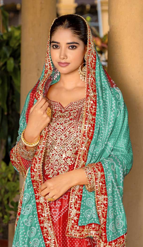 Chinon Bandhani Printed Party Wear Palazzo Salwar Kameez In Red - 146911239