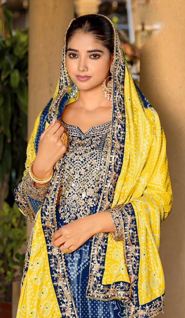 Chinon Bandhani Printed Party Wear Palazzo Salwar Kameez In Blue - 146911240