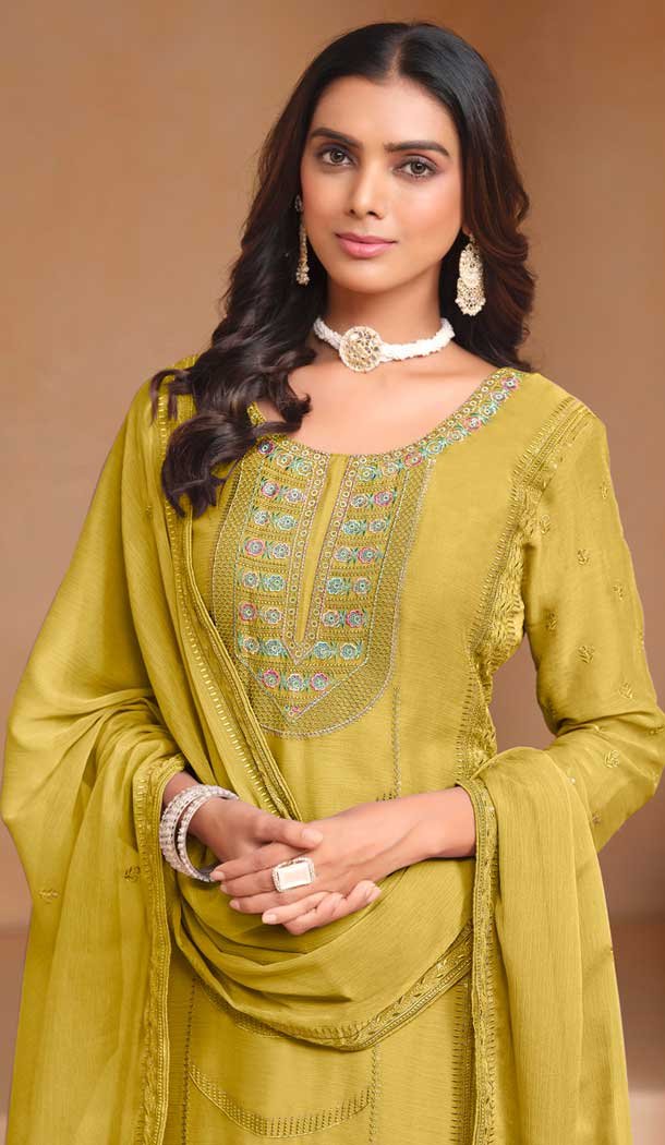 Yellow Organza Chiffon Embroidered Party Wear Salwar Suit - 147001291