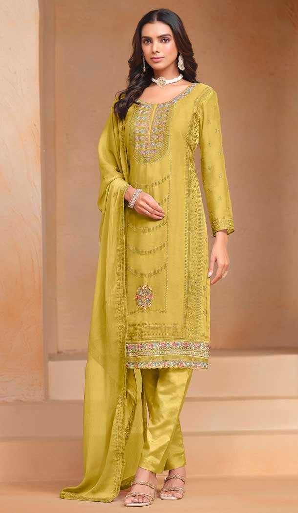 Yellow Organza Chiffon Embroidered Party Wear Salwar Suit - 147001291