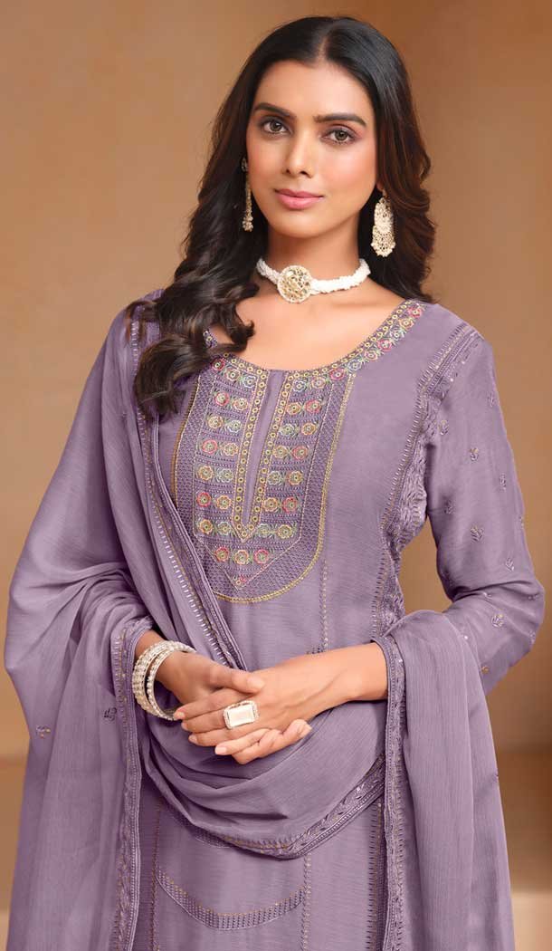 Lavender Organza Chiffon Embroidered Party Wear Salwar Suit - 147001292