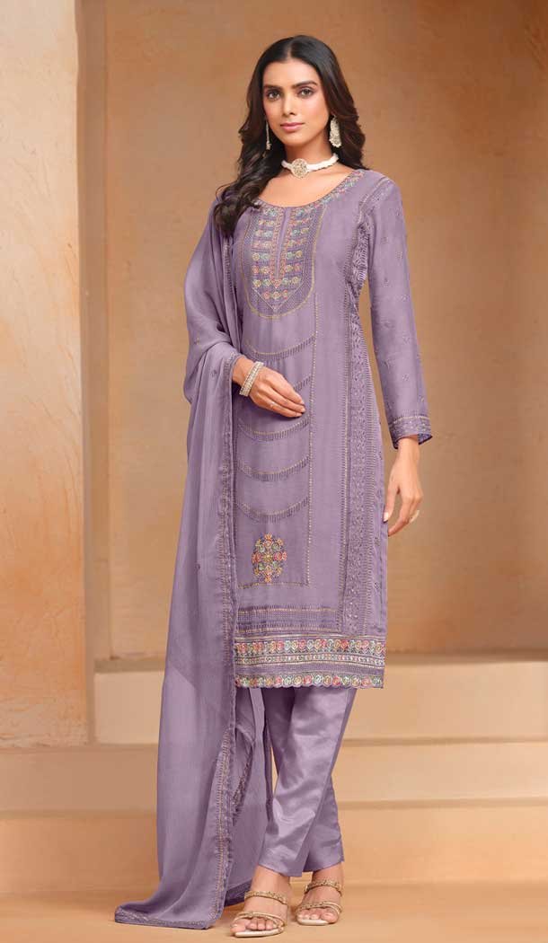 Lavender Organza Chiffon Embroidered Party Wear Salwar Suit - 147001292