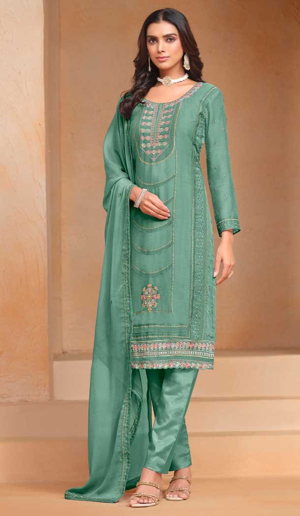Green Organza Chiffon Embroidered Party Wear Salwar Suit - 147001293