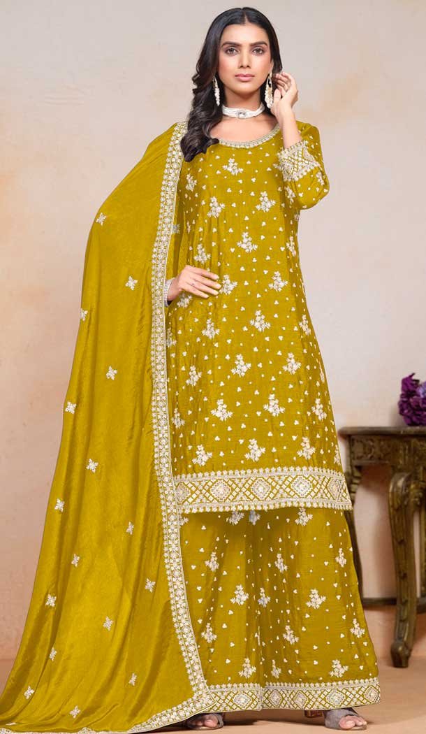 Chinon Sequin Embroidered Party Wear Palazzo Salwar Suit In Yellow - 147201403