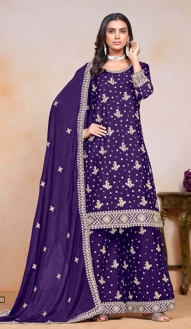 Chinon Sequin Embroidered Party Wear Palazzo Salwar Suit In Purple - 147201404