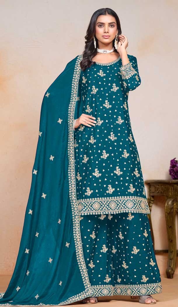 Chinon Sequin Embroidered Party Wear Palazzo Salwar Suit In Teal Blue - 147201405