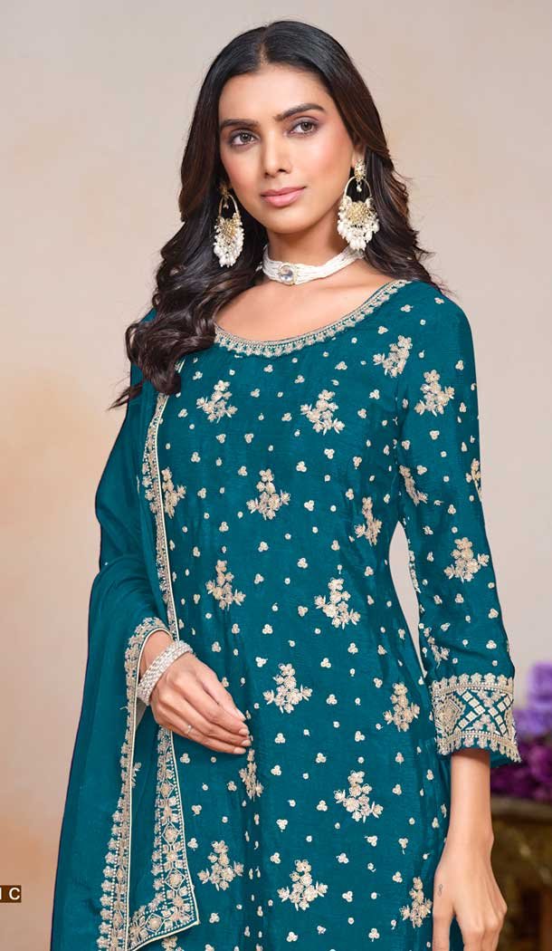 Chinon Sequin Embroidered Party Wear Palazzo Salwar Suit In Teal Blue - 147201405