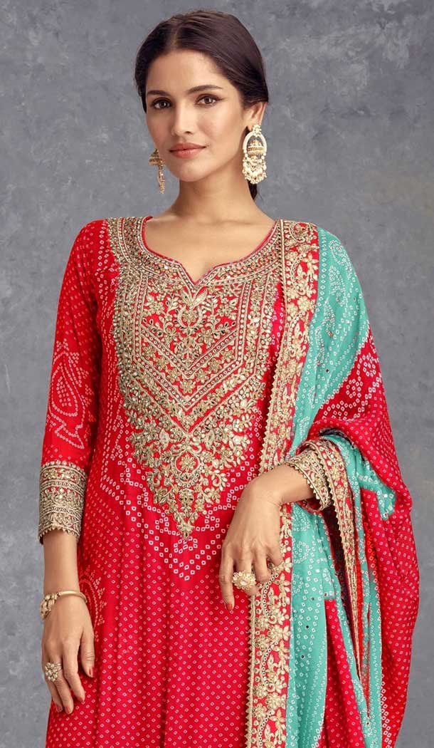 Chinon Embroidered Party Wear Palazzo Salwar Suit In Red - 147231436