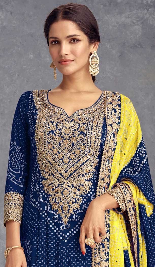 Chinon Embroidered Party Wear Palazzo Salwar Suit In Blue - 147231437