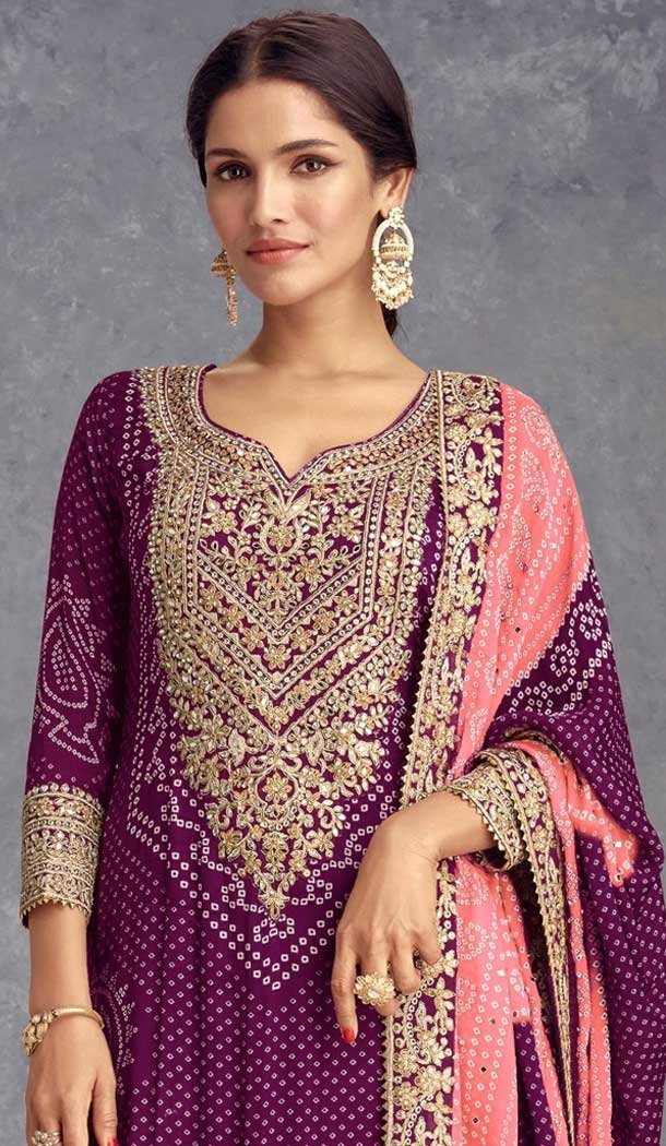 Chinon Embroidered Party Wear Palazzo Salwar Suit In Purple - 147231438