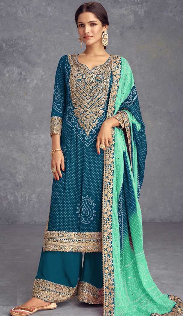 Chinon Embroidered Party Wear Palazzo Salwar Suit In Rama Blue - 147231439