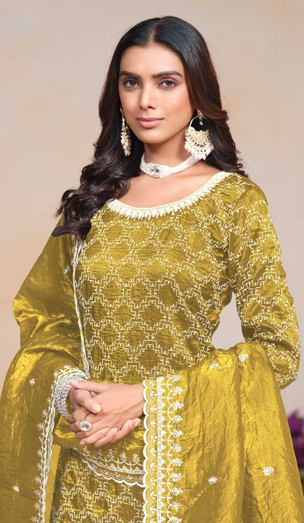 Yellow Gold Crush Embroidered Party Wear Palazzo Salwar Suit - 147501631
