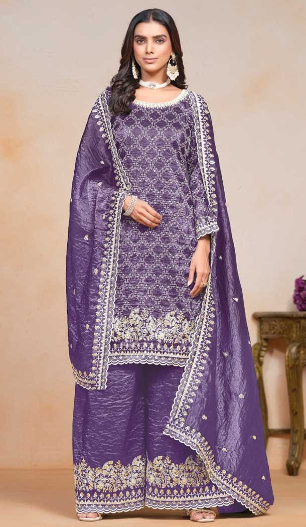 Purple Gold Crush Embroidered Party Wear Palazzo Salwar Suit - 147501632