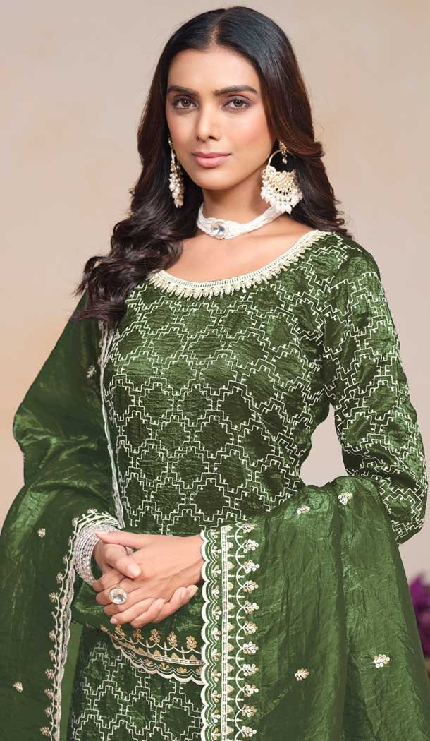Green Gold Crush Embroidered Party Wear Palazzo Salwar Suit - 147501634