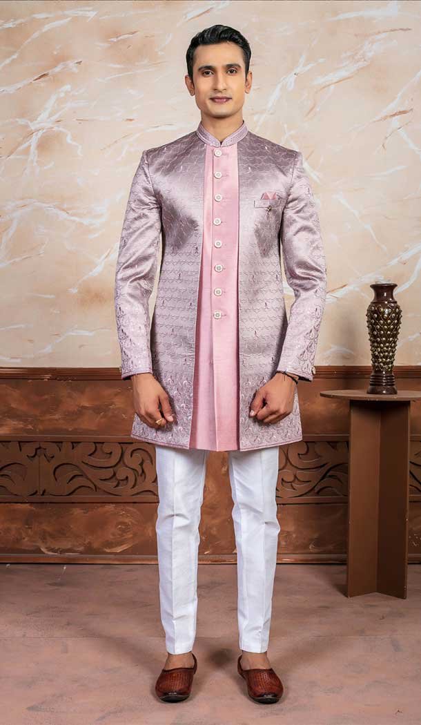 Lavender Pink Silk Embroidery Designer Readymade Mens Indo Western - 9279186525