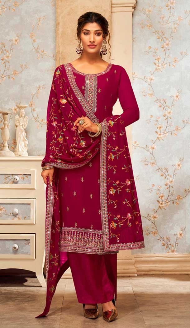 Red Georgette Embroidery Work Evening Wear Palazzo Salwar Suit - 9586188181
