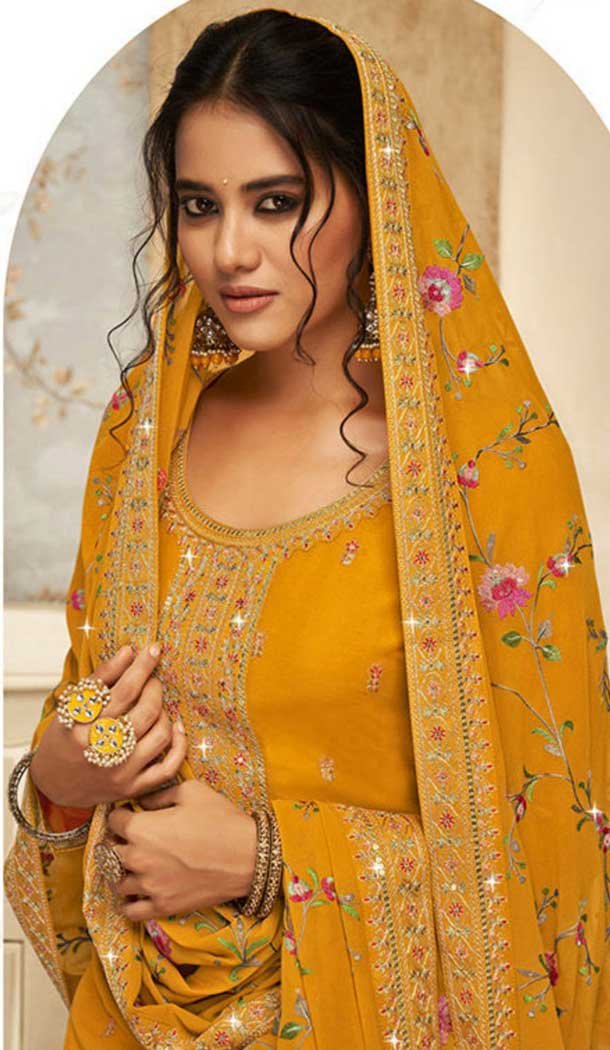 Mustard Georgette Embroidery Work Evening Wear Palazzo Salwar Suit - 9586188182