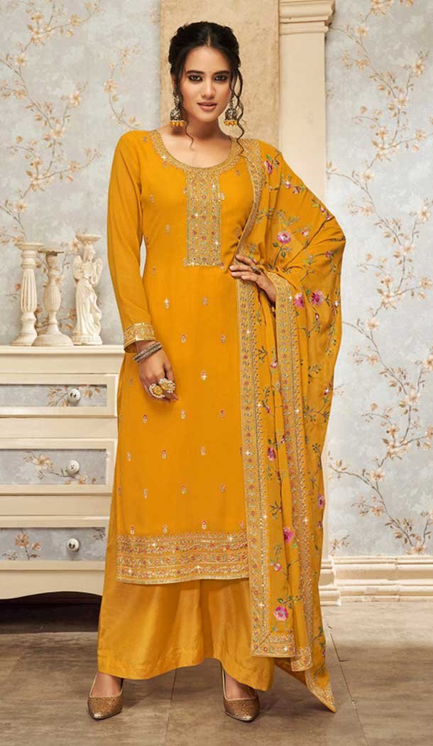 Mustard Georgette Embroidery Work Evening Wear Palazzo Salwar Suit - 9586188182