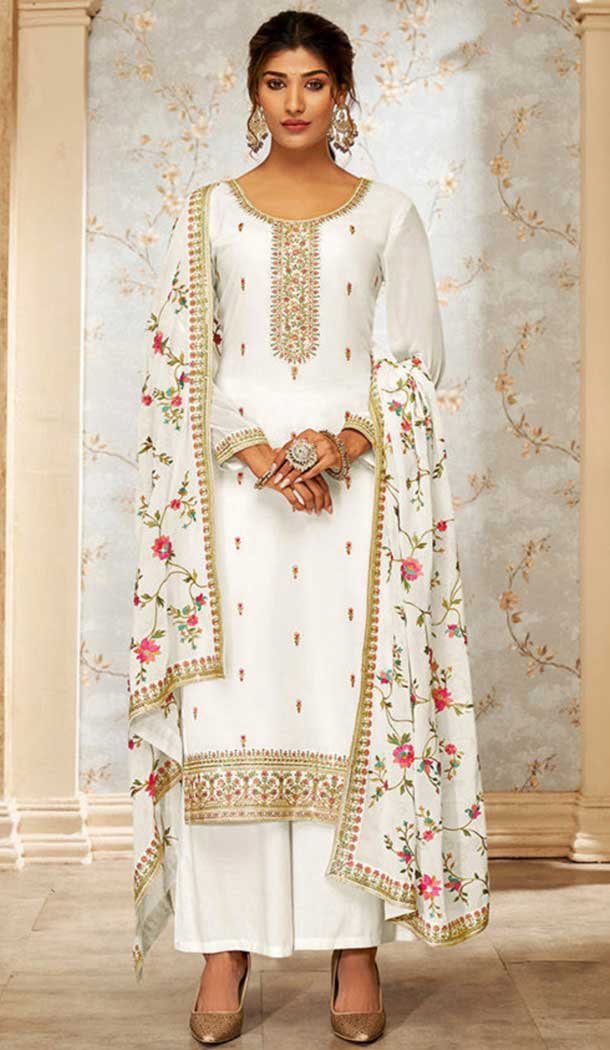 White Georgette Embroidery Work Evening Wear Palazzo Salwar Suit - 9586188183