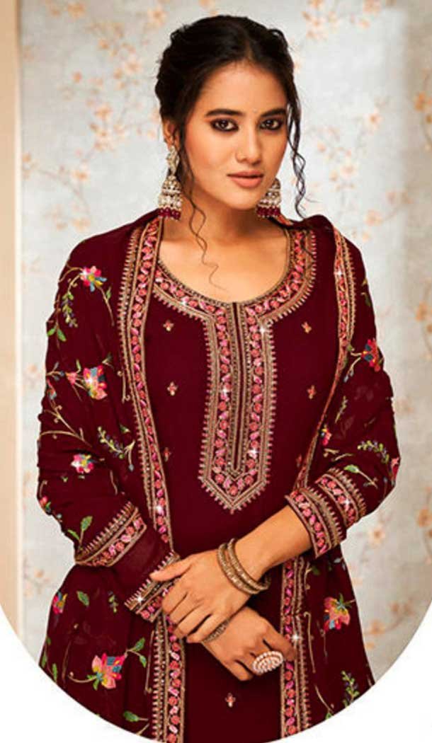 Maroon Georgette Embroidery Work Evening Wear Palazzo Salwar Suit - 9586188184
