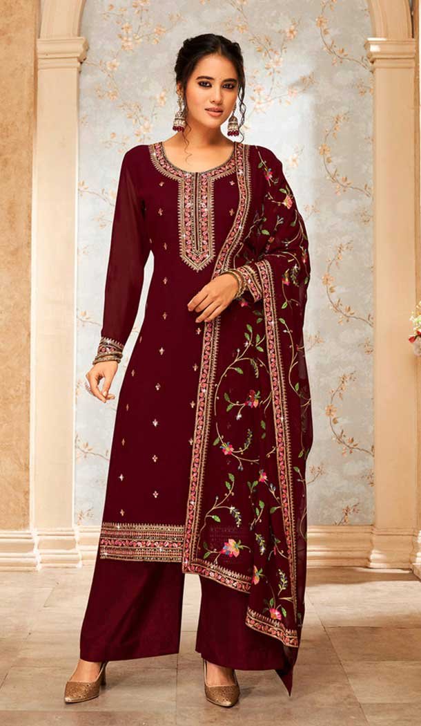Maroon Georgette Embroidery Work Evening Wear Palazzo Salwar Suit - 9586188184