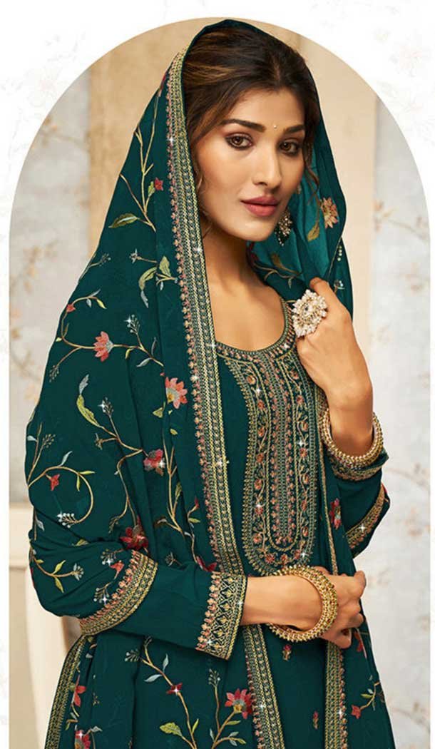 Teal Green Georgette Embroidery Work Evening Wear Palazzo Salwar Suit - 9586188185