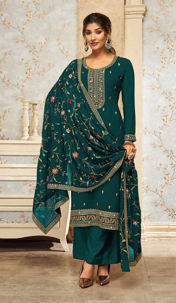 Teal Green Georgette Embroidery Work Evening Wear Palazzo Salwar Suit - 9586188185