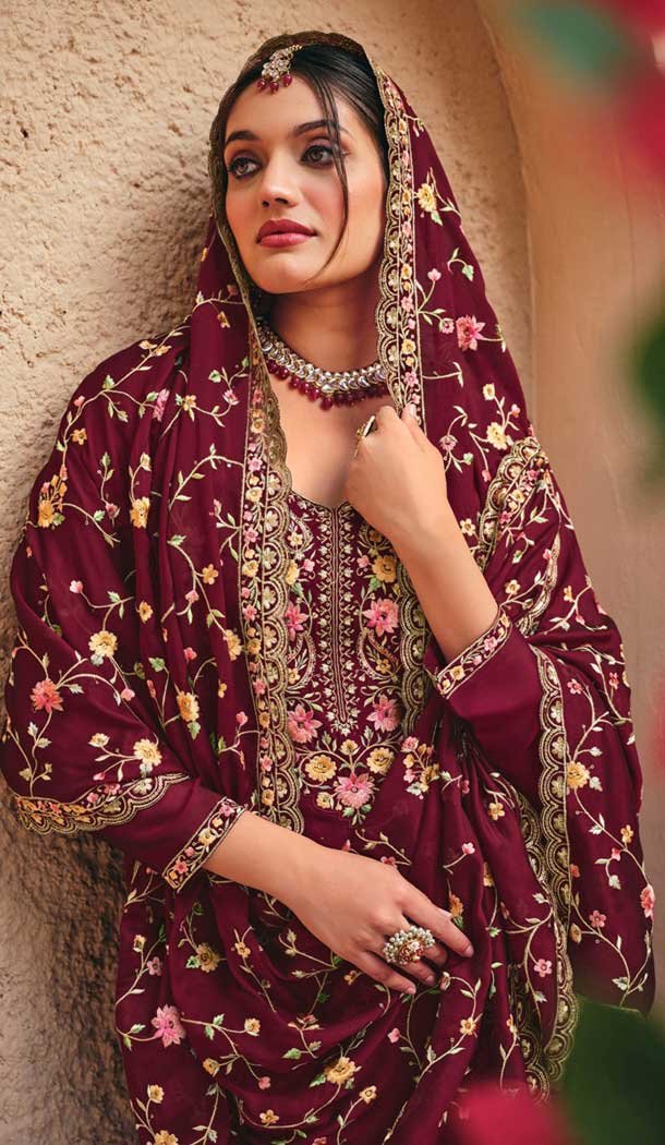 Georgette Embroidered Pakistani Style Palazzo Salwar Suit In Maroon - 9588188190