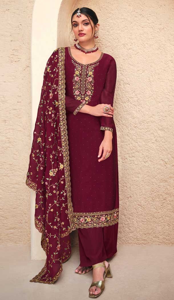 Georgette Embroidered Pakistani Style Palazzo Salwar Suit In Maroon - 9588188190