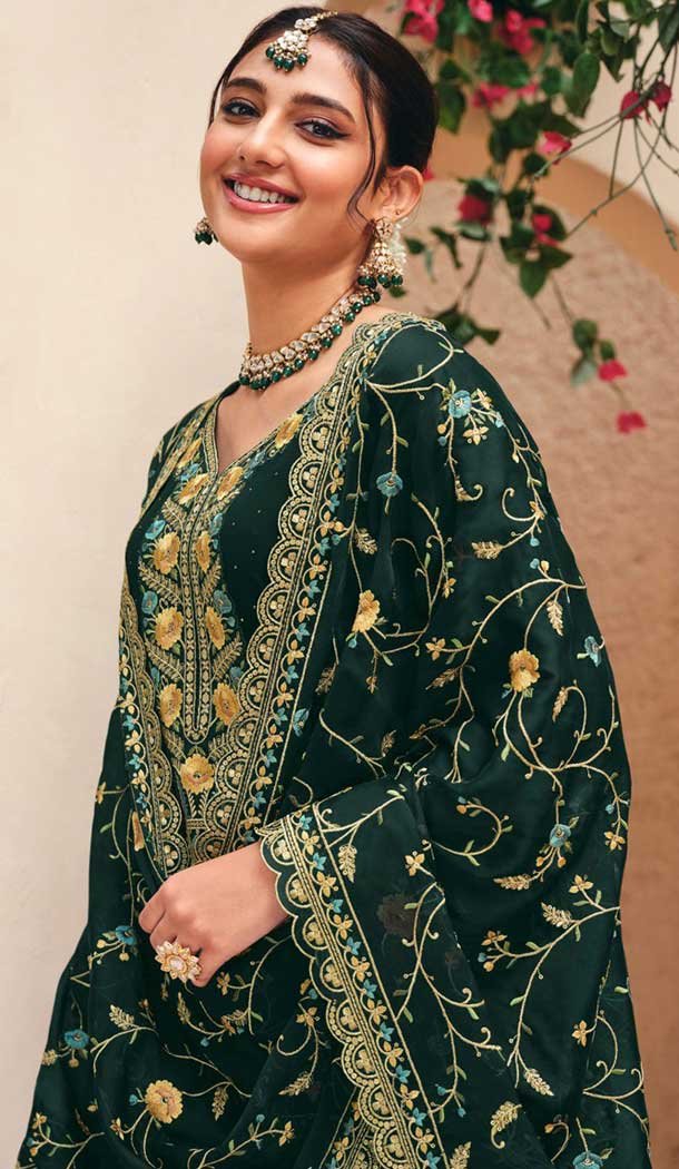 Georgette Embroidered Pakistani Style Palazzo Salwar Suit In Green - 9588188191