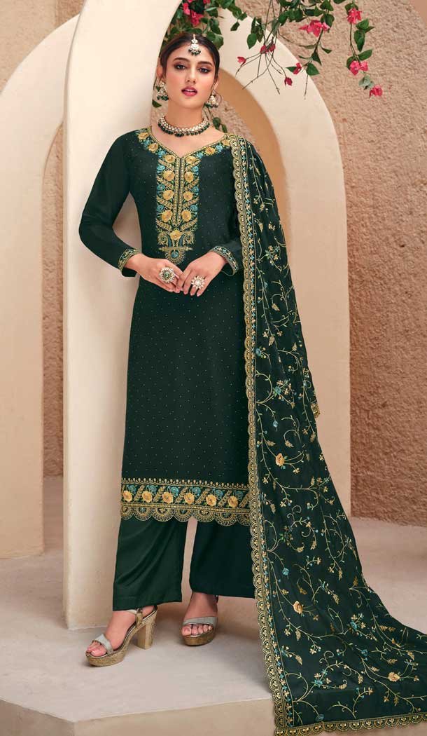 Georgette Embroidered Pakistani Style Palazzo Salwar Suit In Green - 9588188191