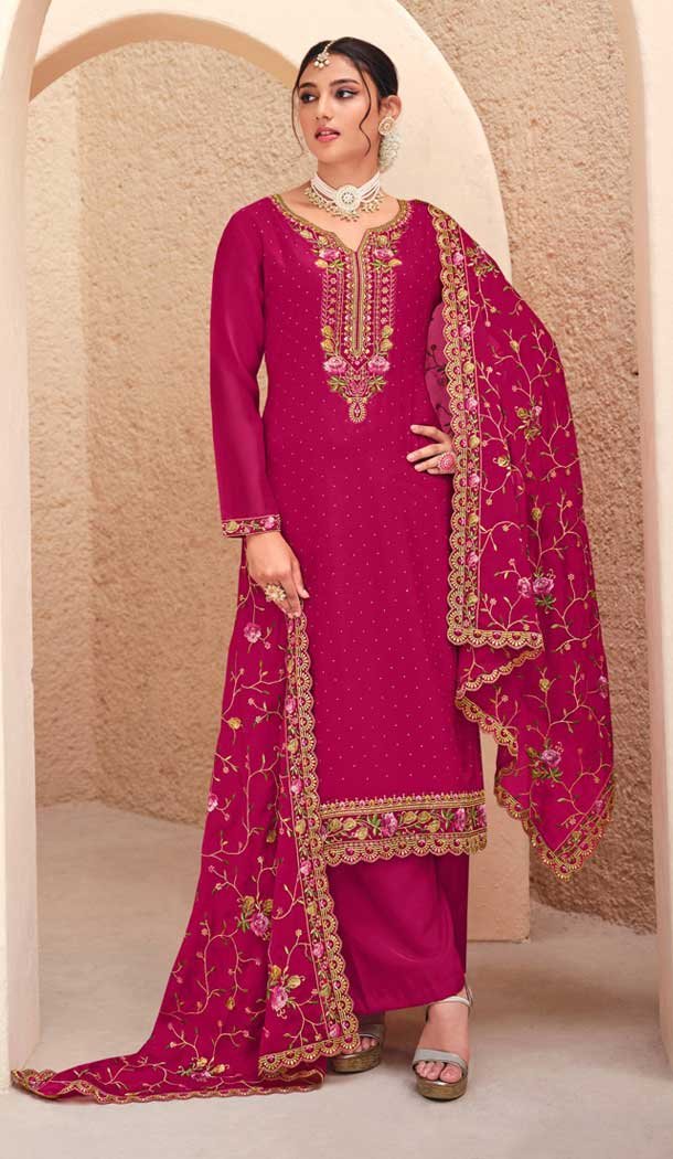 Georgette Embroidered Pakistani Style Palazzo Salwar Suit In Red - 9588188192