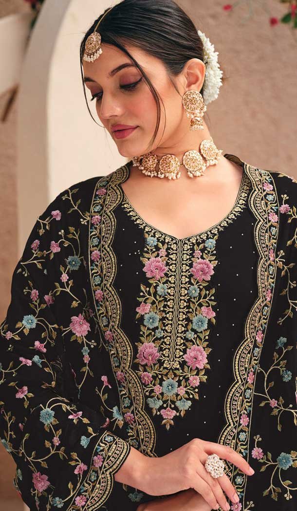 Georgette Embroidered Pakistani Style Palazzo Salwar Suit In Black - 9588188193