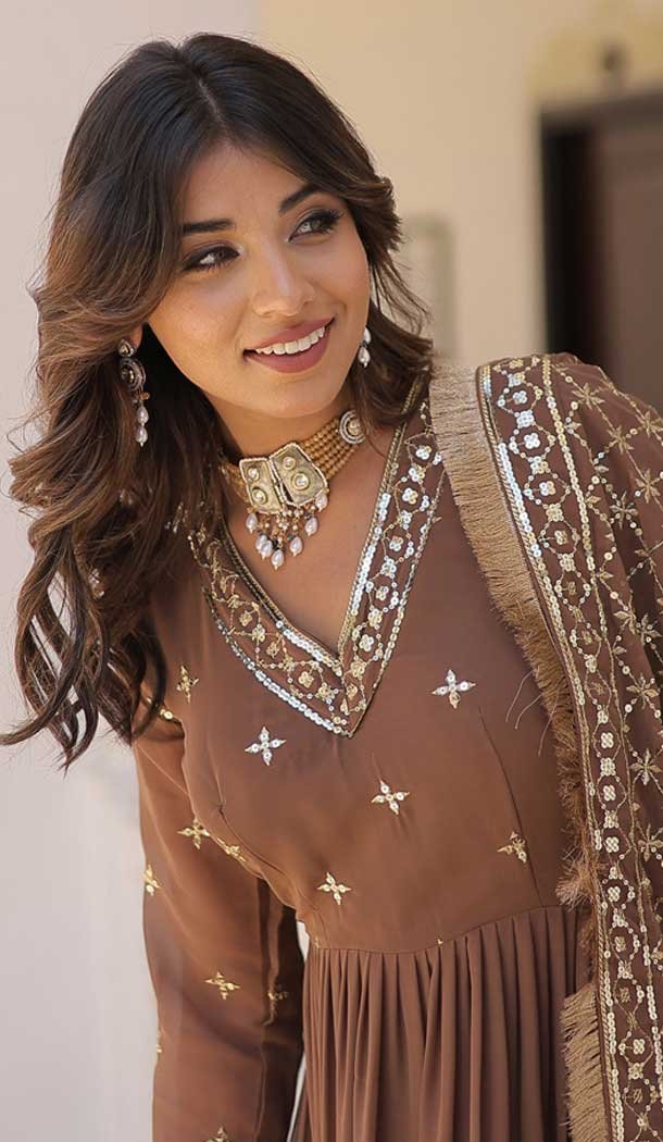 Coffee Faux Georgette Embroidered Party Wear Gown With Dupatta - 9601188267