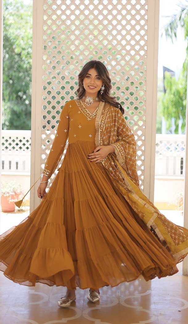 Mustard Faux Georgette Embroidered Party Wear Gown With Dupatta - 9601188270
